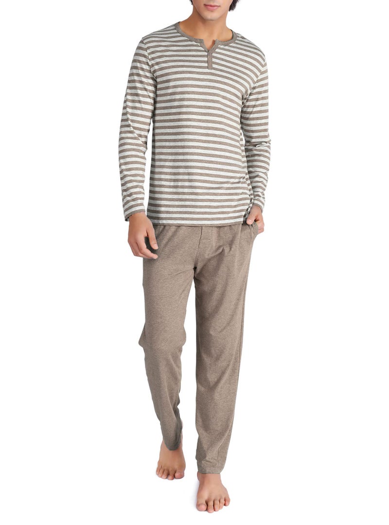 DAVID ARCHY Men's Pajamas Set Soft Cotton Henley Loungewear Pjs Comfy Long Sleeve Sleepwear with Pockets (L, Heather Dark Coffee) - Image 1